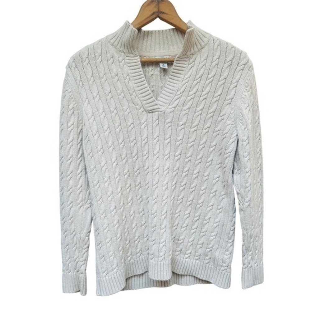 LLBean‎ Women Beige Cable Knit Cotton V Neck Sweater Size Medium